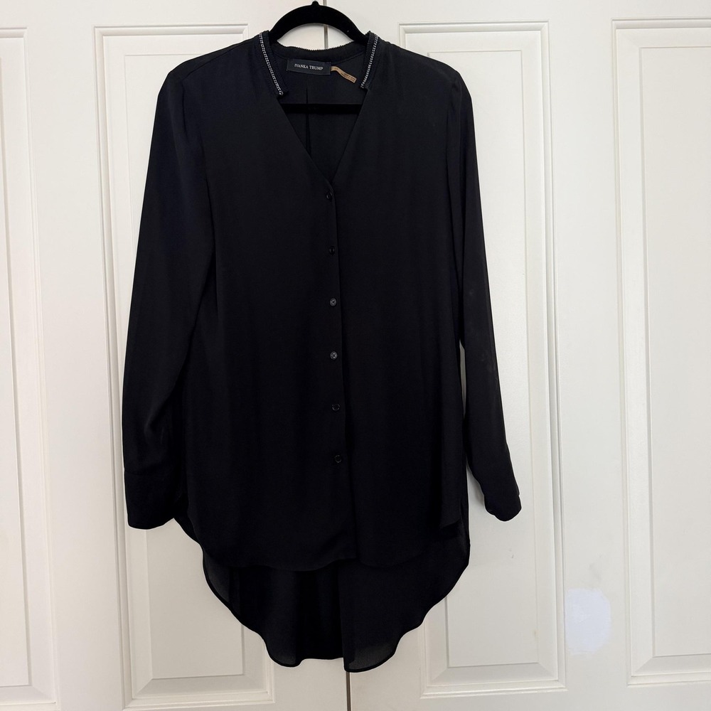 Ivanka Trump Blouse Women Small Black Chain Link Neck Chiffon High Low Tunic Top